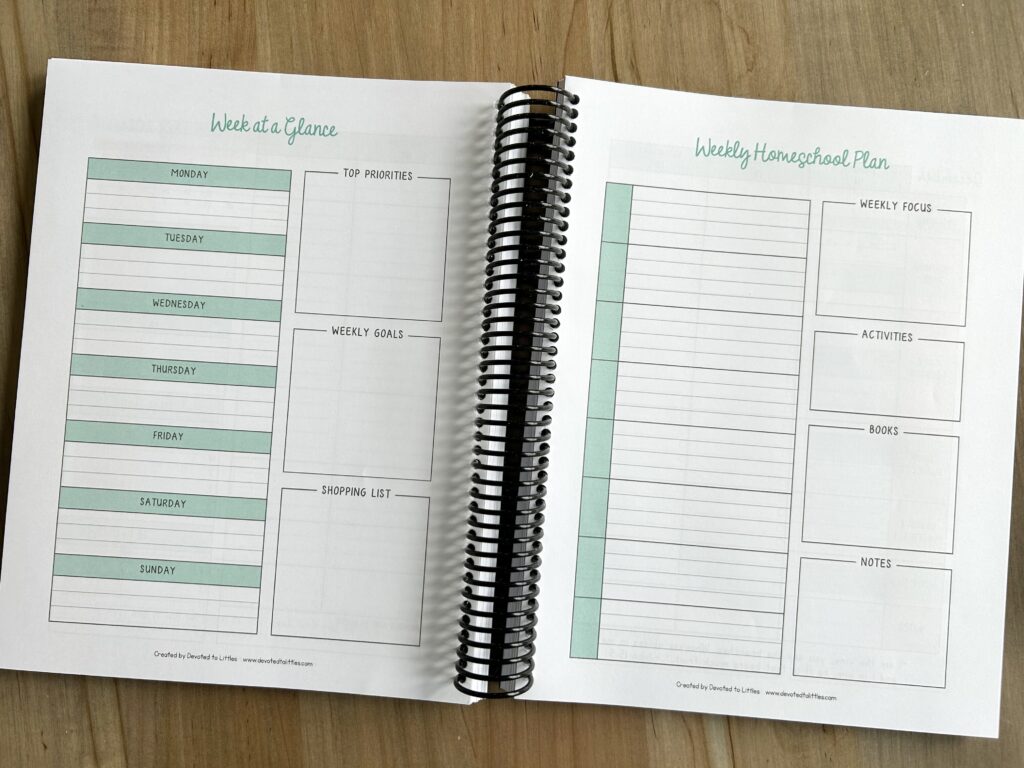 week at a glance spread of homeschool planner