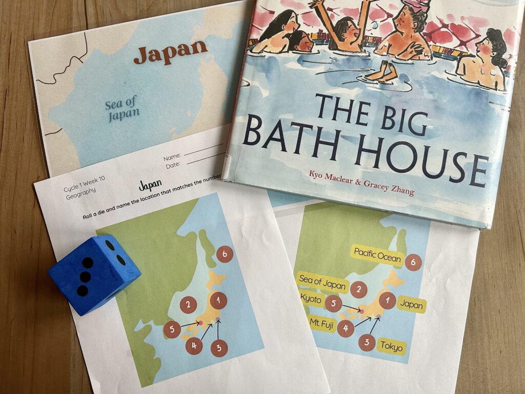 geography maps of Japan, picture book, and geography dice game