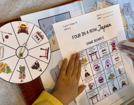 playing Japan four in a row game with spinner at kitchen table