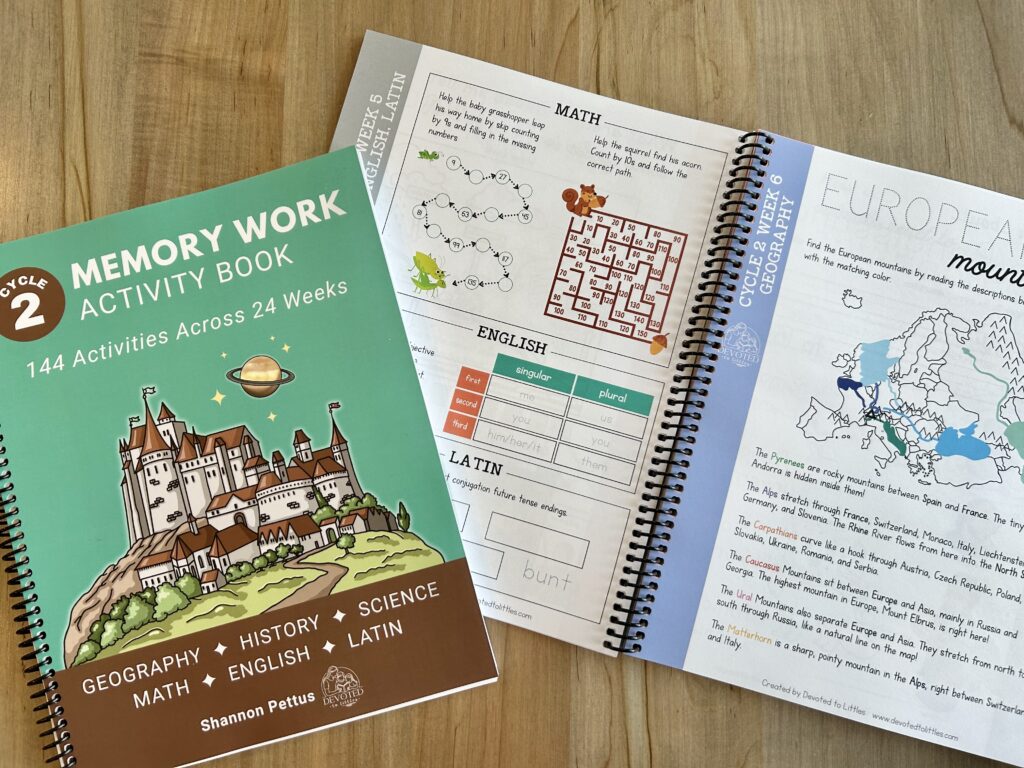 cycle 2 memory work activity book cover and a couple of pages