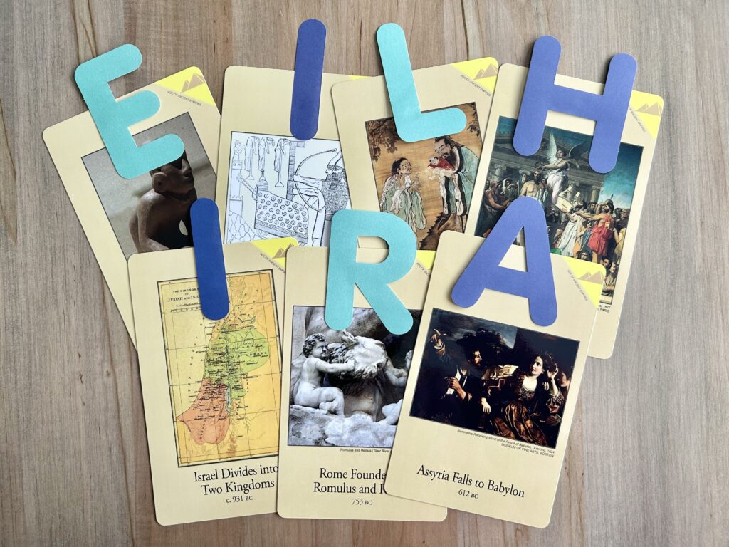 classical conversations timeline cards with large paper letters on them.