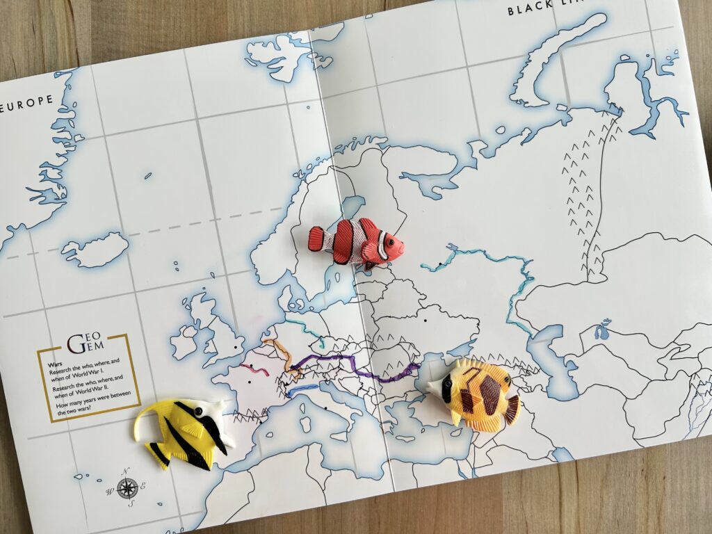 european rivers outlined on maps with fish figurines