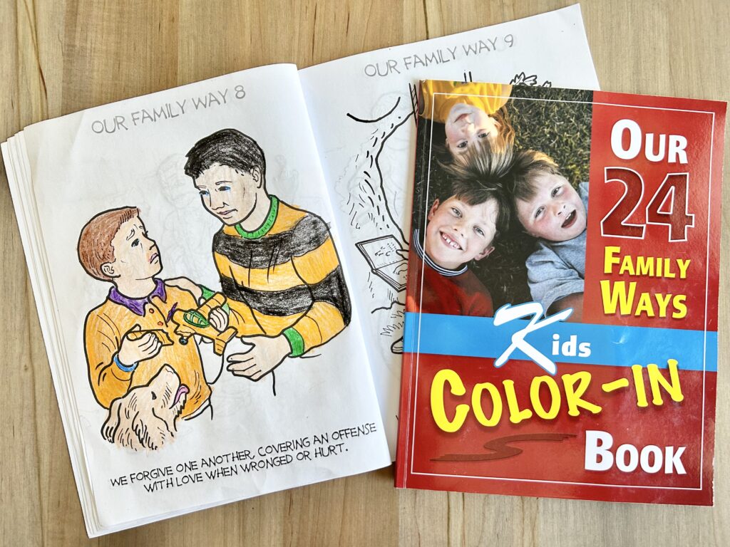 24 family ways coloring book opened to the 8th way