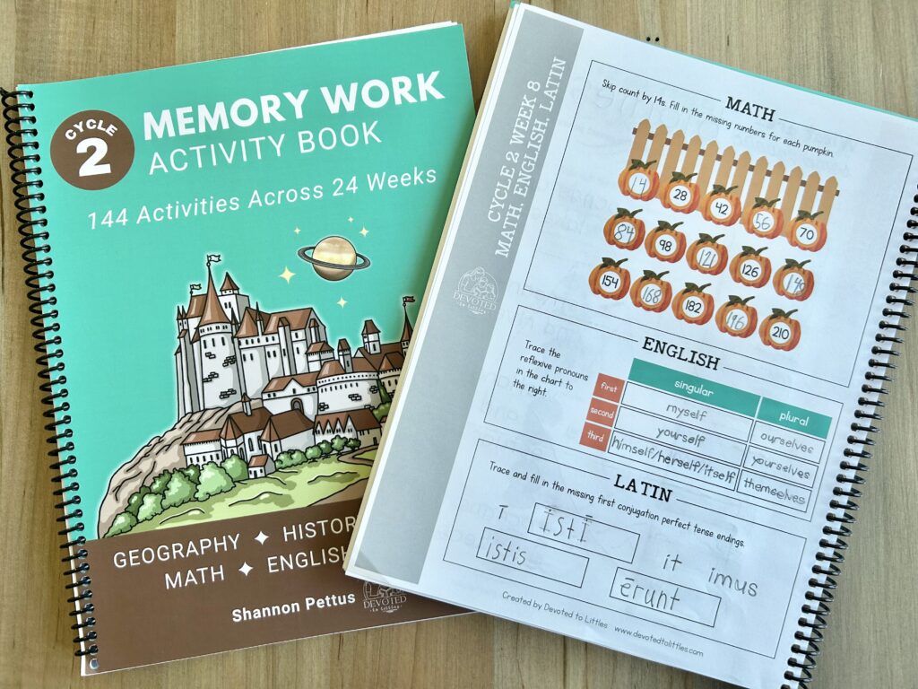 week 8 english, latin, and math activity page on table
