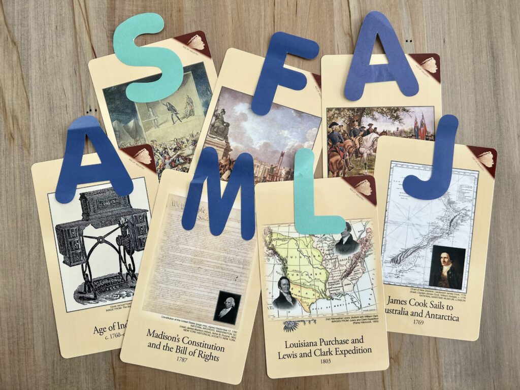 week 16 timeline cards with large letters