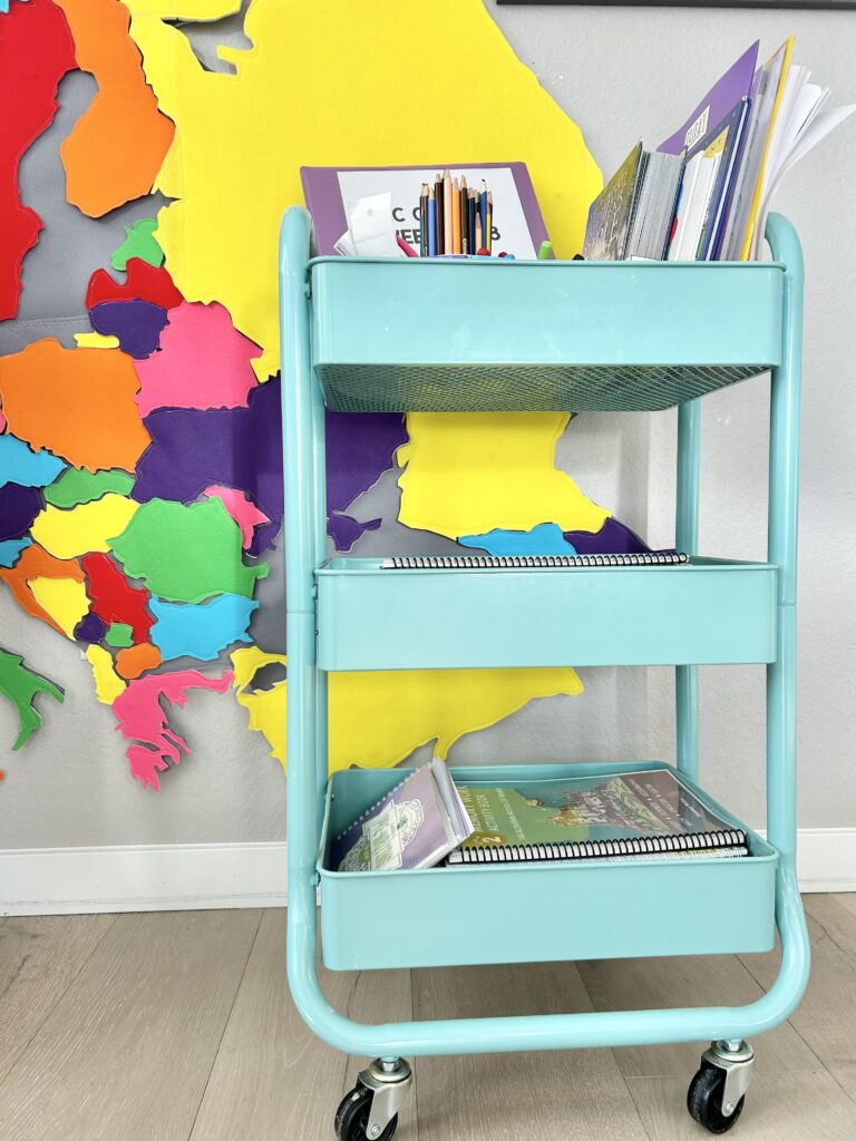 daily essentials homeschooling cart with books and supplies I use on a daily basis for homeschooling