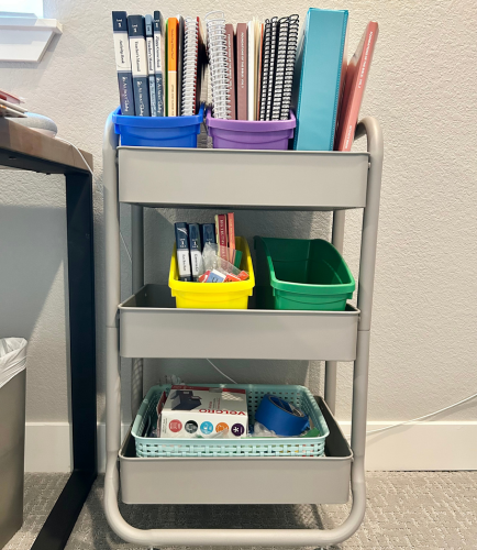 rolling cart with homeschool supplies