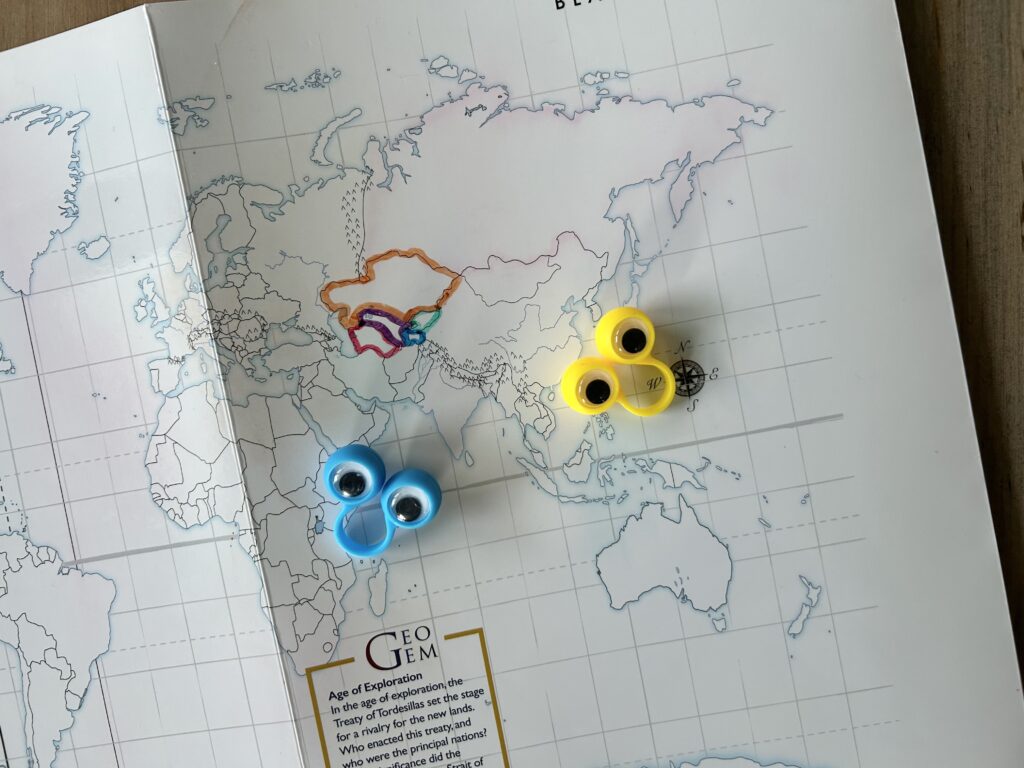 central asian countries outlined on map with eyeball rings