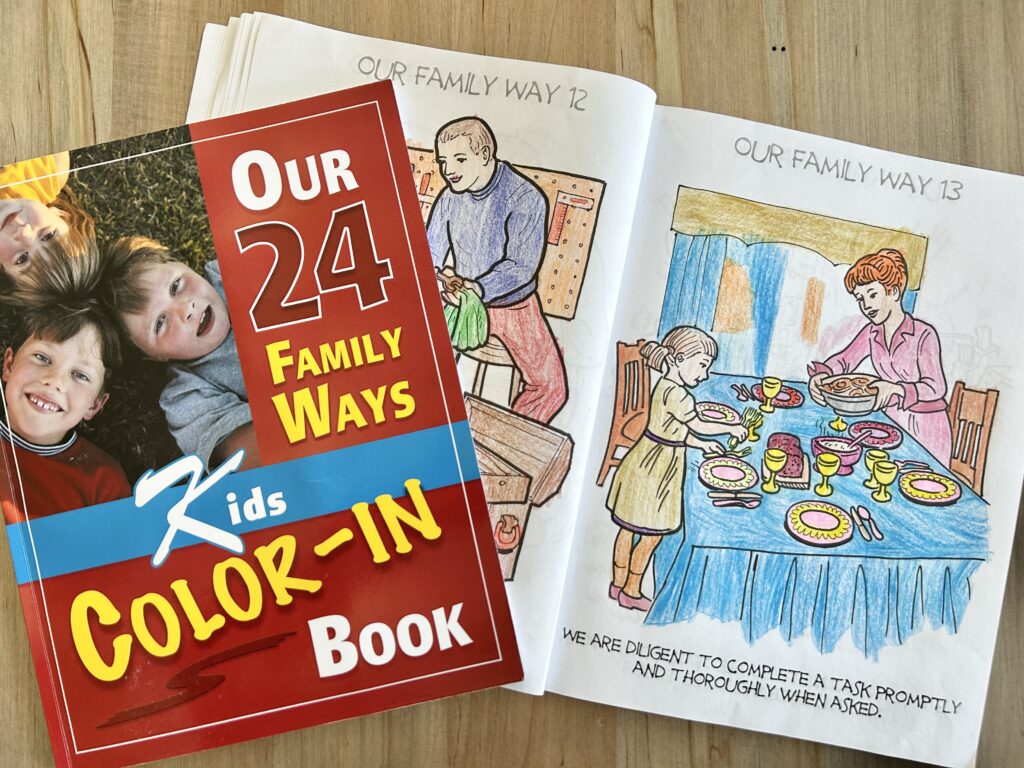 24 family ways coloring book opened to the 13th way