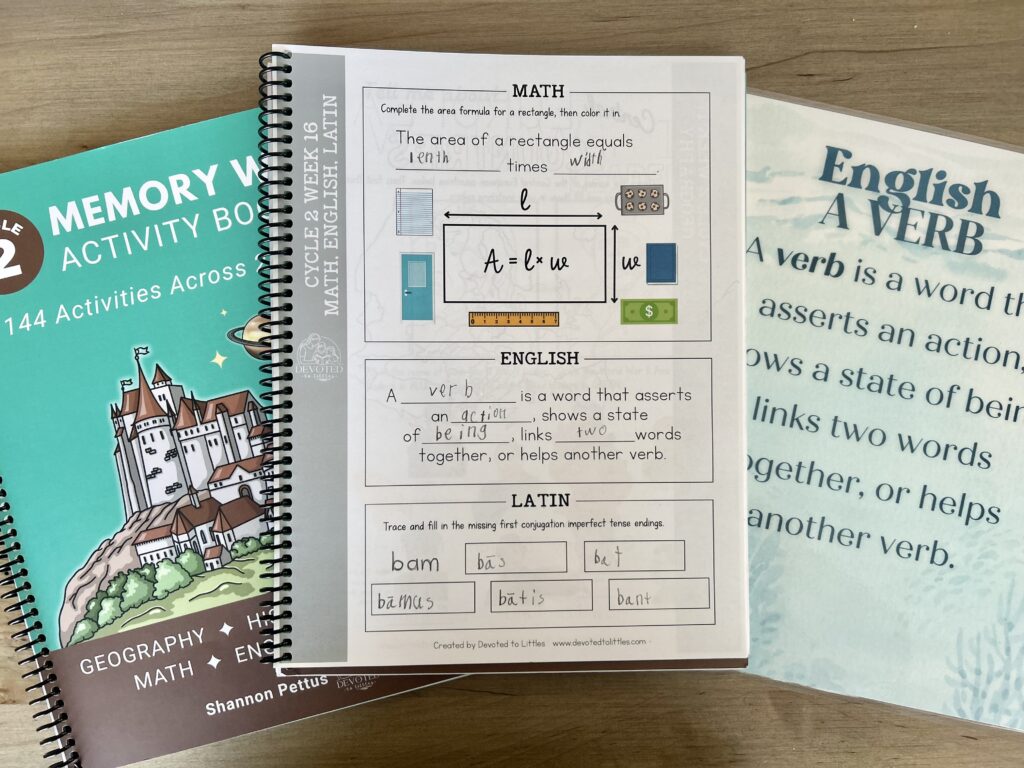 week 16 english, latin, and math activity page on table