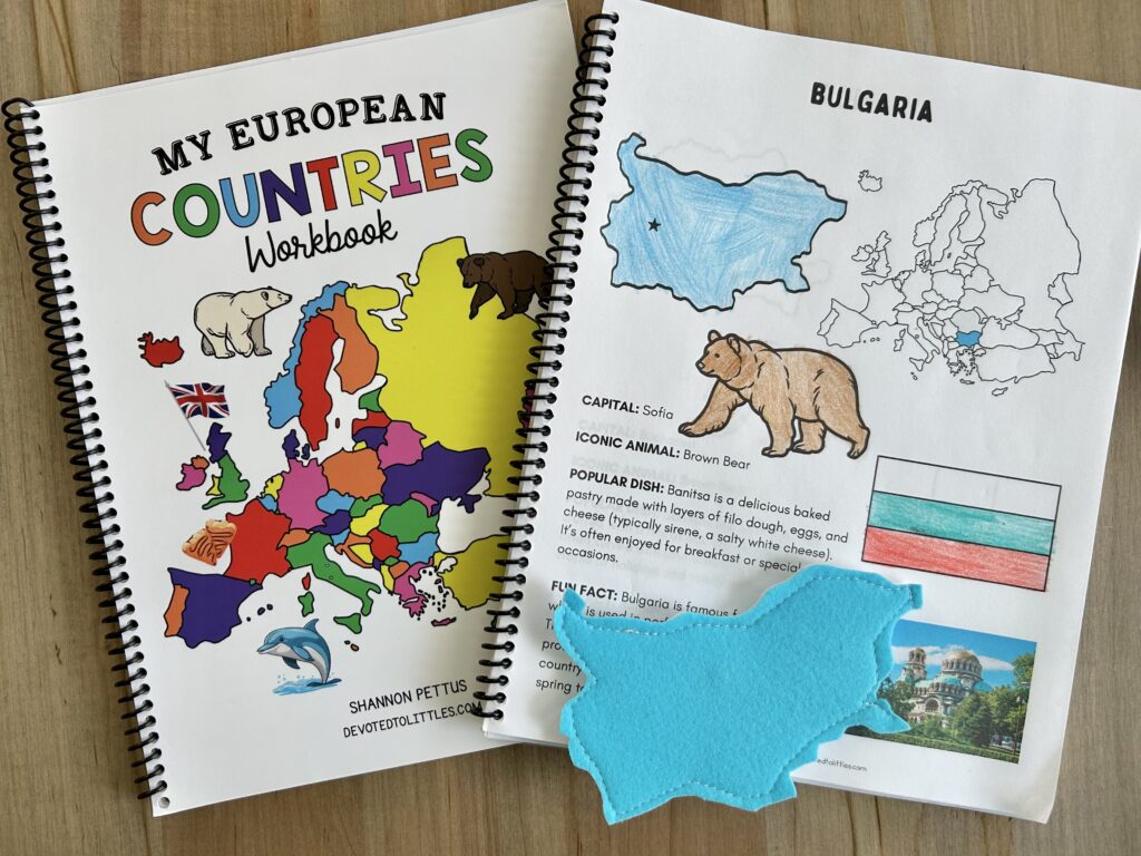 european countries notebook page opened on table