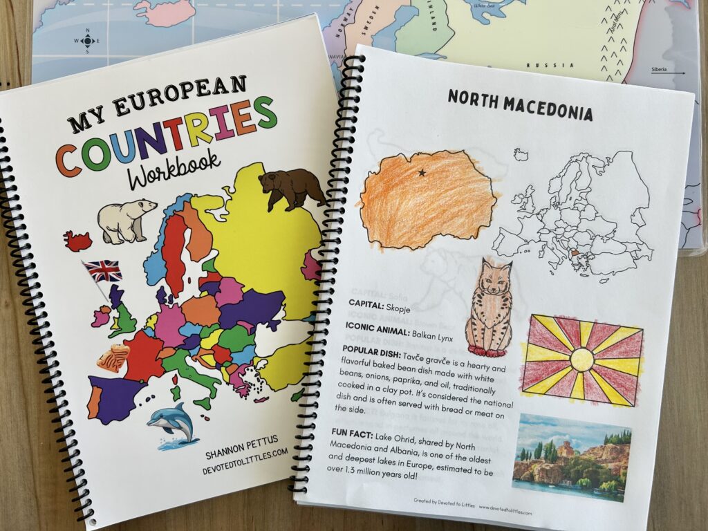 european countries notebook page opened on table