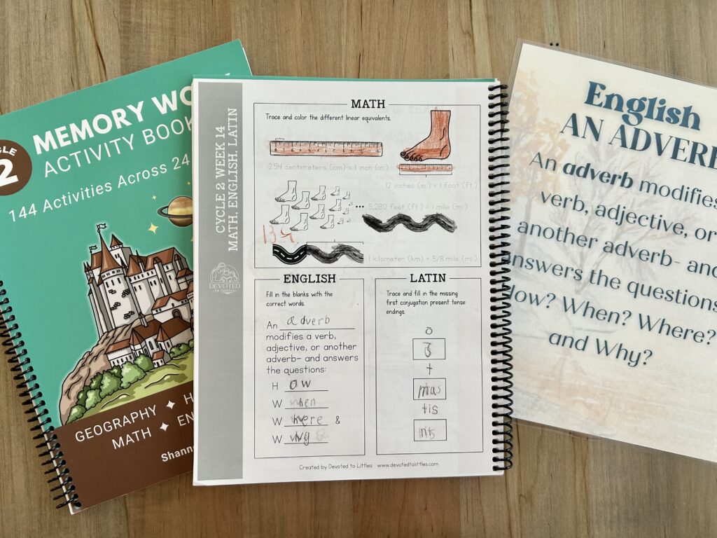 week 14 english, latin, and math activity page on table