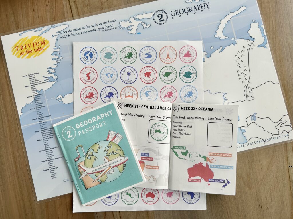 geography passport and stamps on table